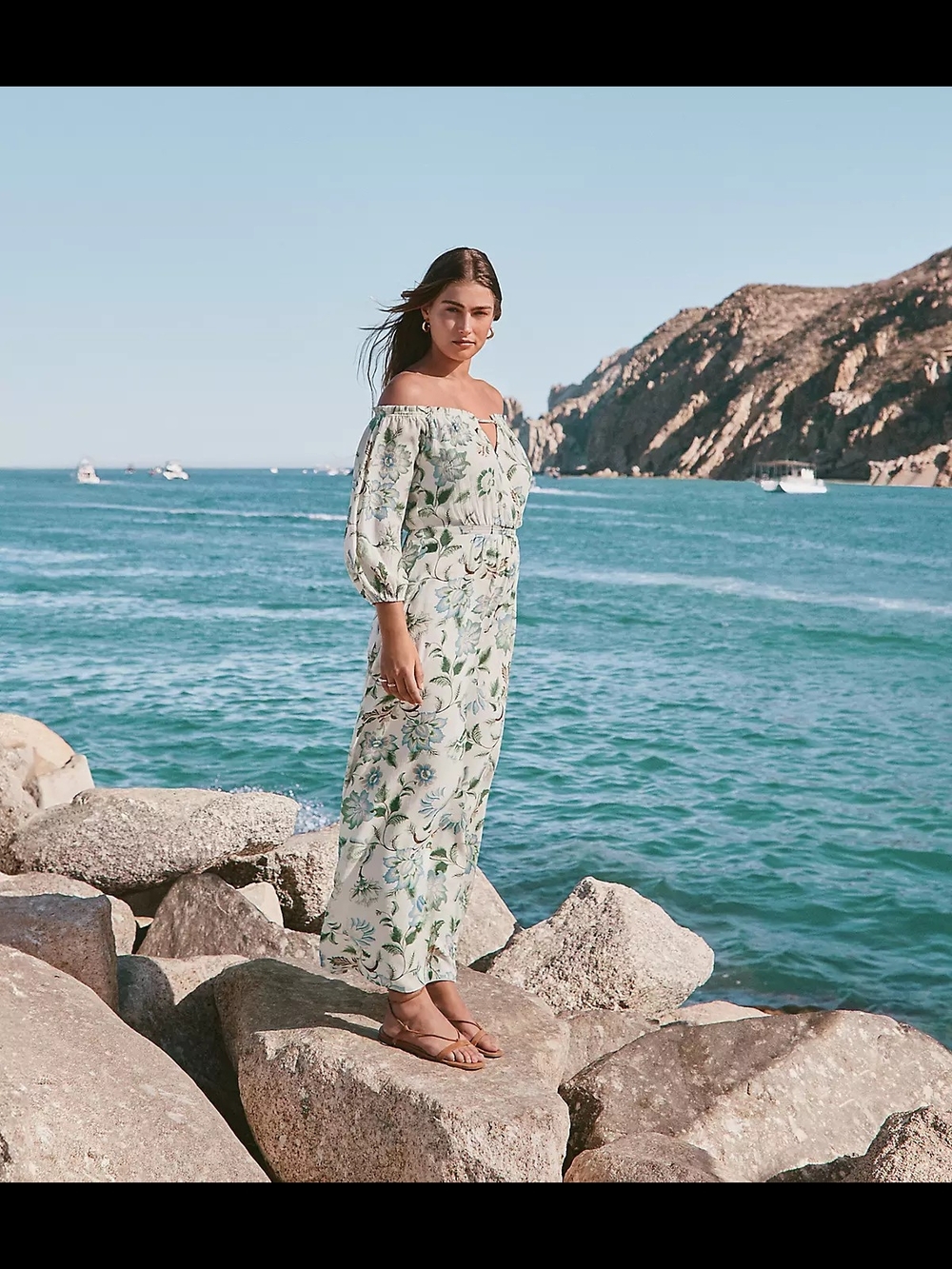 LOFT Off-Shoulder Floral Maxi Dress in Light Green and Blue